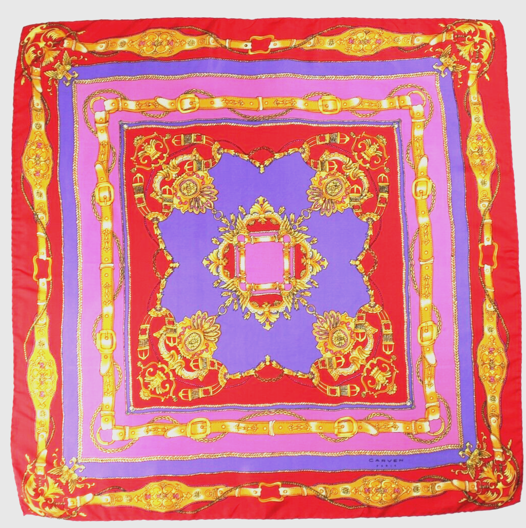 Foulard Carré Vintage Carven En Soie 100% - Multicolore Motif Géométrique - Occasion Bon état