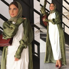 Women Plain Cardigan Robe With Inner Dress Set Abaya Muslim Open Kaftan Gown Eid