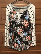7th Ray Knit Top Sz 2XL Floral L/S striped Blouse shirt Made in USA 854