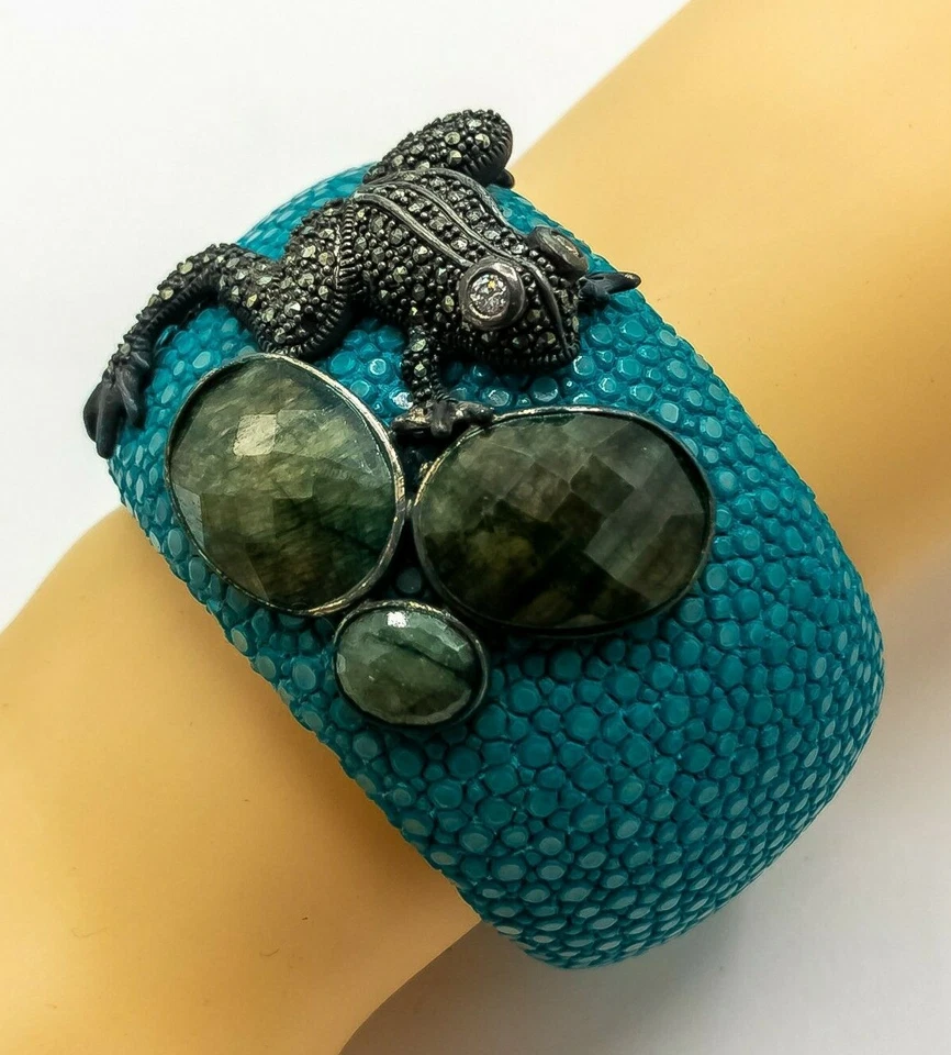 Armreif Rochen Türkis FROSCH Achate Markasit & Emaille 925er Silber - Bild 4 von 4