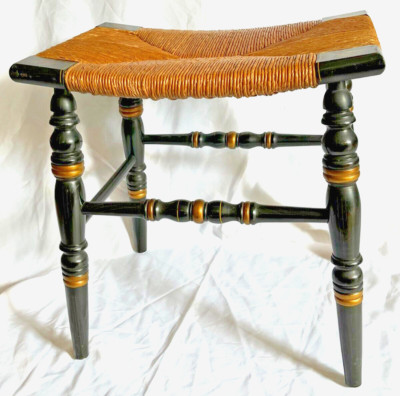 Rare L. HITCHCOCK Woven Rush Seat with Black Frame, Gold Stencil