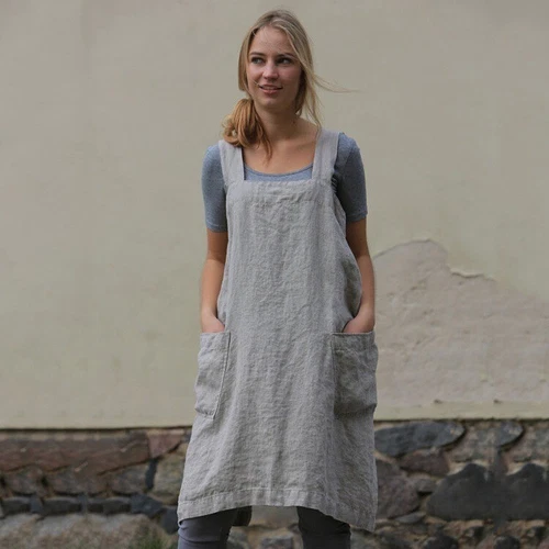 Lässiges lockeres Damenkleid Baumwolle Leinen Hausarbeit Wickeloptik gekreuzter Rückenschürze - Bild 17 von 26