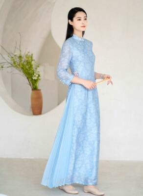pastel blue asian dress Casual midi Qipao, satin midi Cheongsam, blue Qipao, daily Cheongsam 4XL / Light blue
