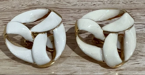 Vintage Cream Enamel Gold Tone Clip On Earrings Cool Shape