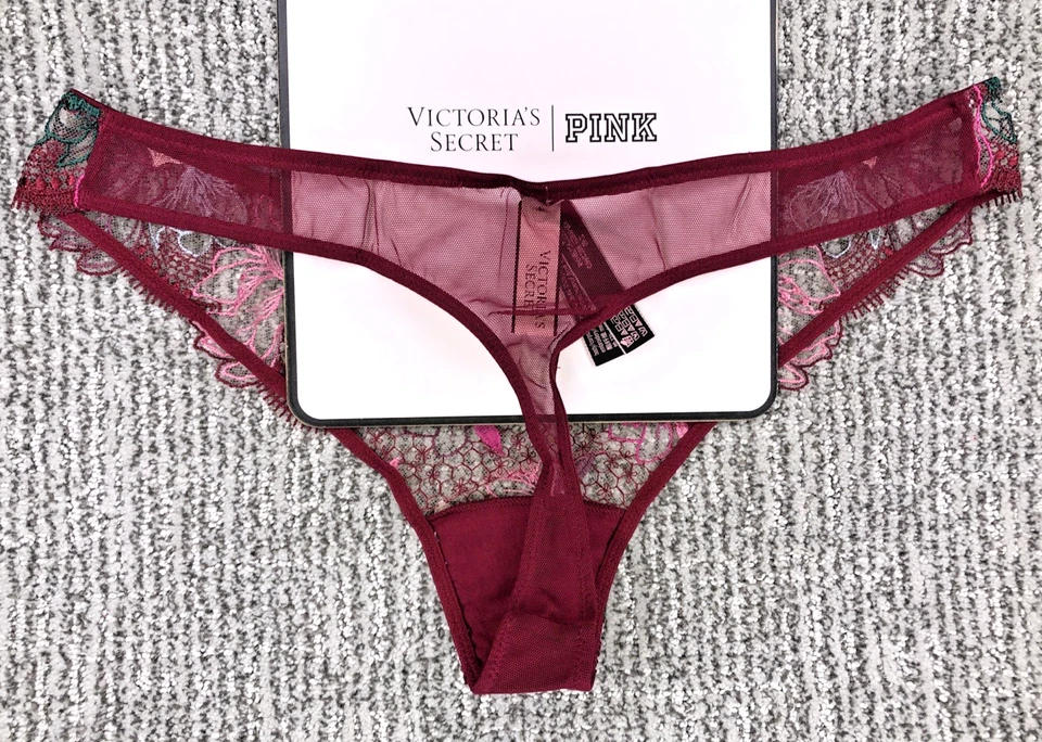 Victoria's Secret Tanga Panty Grande Borgoña Floral Bordado Malla Muy Sexy Nuevo con Etiquetas Foto 4 de 4