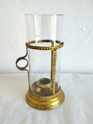 ANCIEN PASSE COULOIR PHOTOPHORE LANTERNE LAITON DORÉ VERRE 19EME SIÈCLE - Photo 1/4