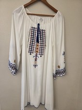 Chic Connection Boho Peasant Tunic Dress XL White Blue Embroidered Tassel 