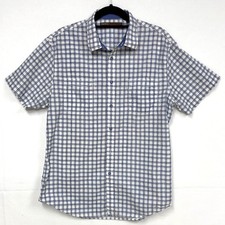 Perry Ellis Short Sleeve Plaid Shirt, Men's Sz Large, Blue & White Cotton Casual