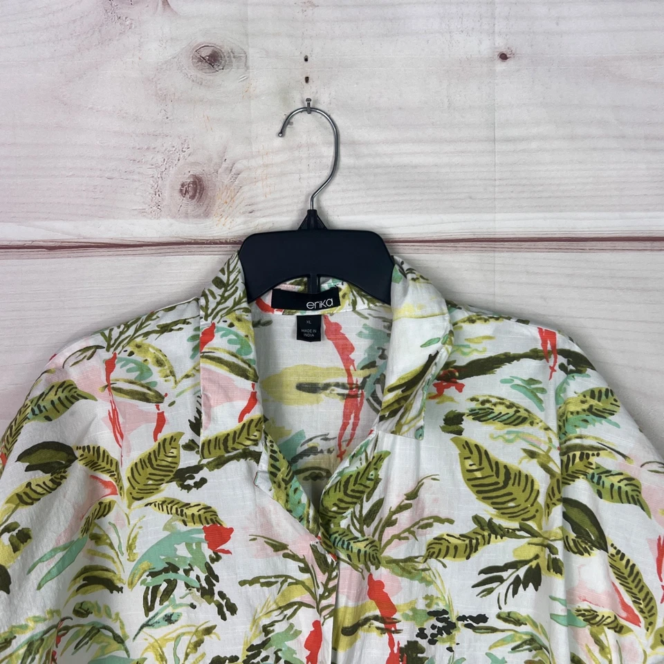 Erika Top Womens XL Floral Print Shirt Button UP Short Sleeve Tie Waist Collared - Image 2 of 4