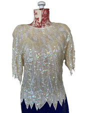 Vintage 100 Silk Sequin Beaded Top White Fairy Costume 80s 1980s