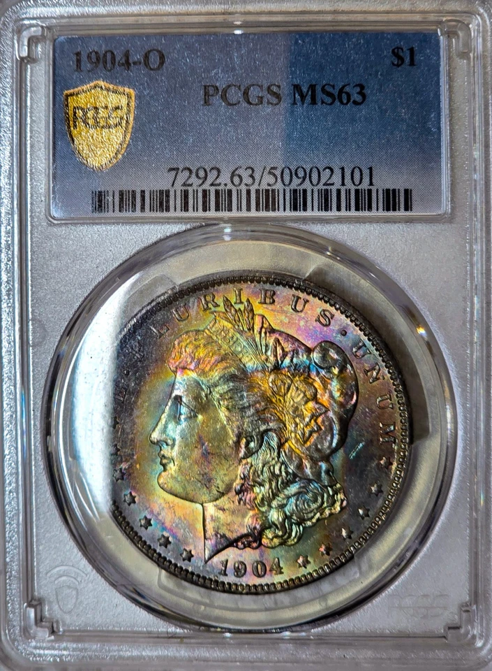 Dólar de plata Morgan 1904-O MS63 PCGS monstruo arco iris EOR extremo rollo moneda tonificada PQ Foto 3 de 4