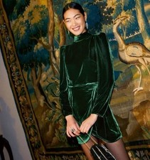 Reformation Burgundy Green Velvet Mock Wrap Keyhole Back Mini Dress Holiday 10