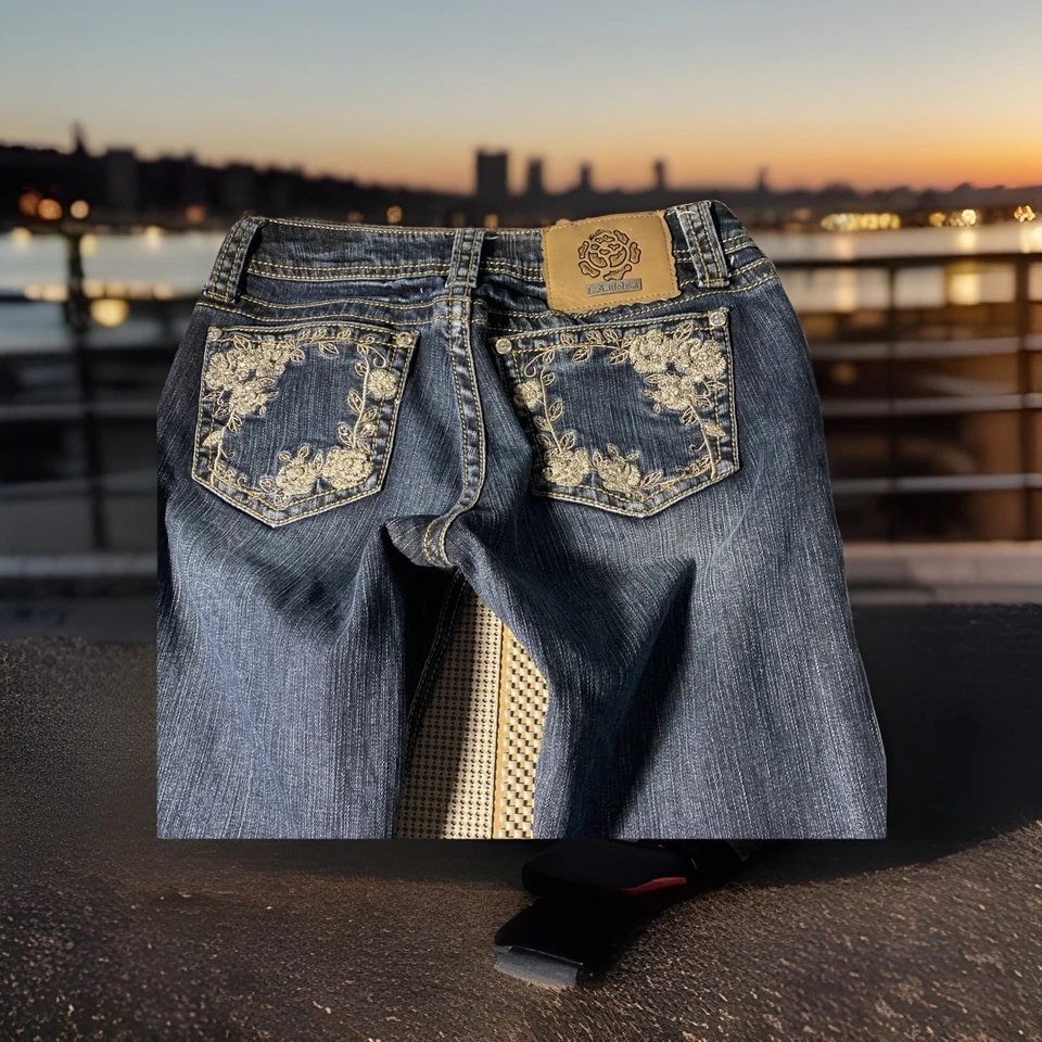 La Idol Jeans Women's 5 Blue Denim Cotton Stretch Beaded Bootcut Leg Retro Y2K - Image 2 of 4