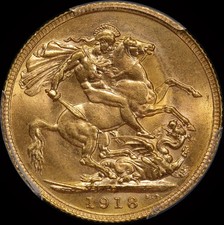 1918 Perth George V Large Head Sovereign Choice Unc (PCGS MS63)