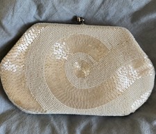 Beaded Clutch Purse Ivory 8x5" Bag Pocketbook Formal Prom Event