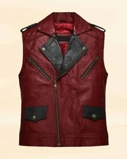 Men's Red Decant Slim Fit Biker Lambskin Leather Vest Coat Jacket 