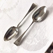 1801 George III Good Pair of Solid English Sterling Silver Serving Spoons. 124g.