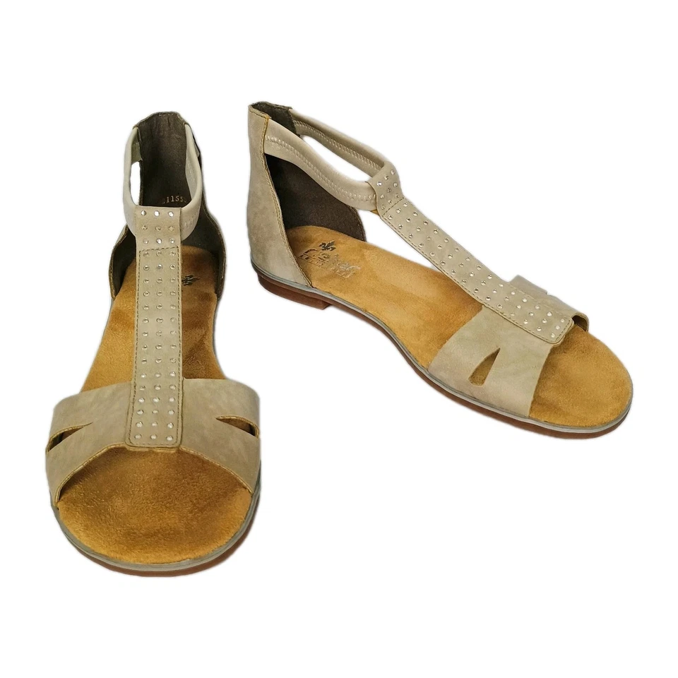 Sandalias de gladiador Rieker de cuero tostado/desnudo con joyas 38 EUR/US 8 NUEVAS SIN CAJA Foto 2 de 4