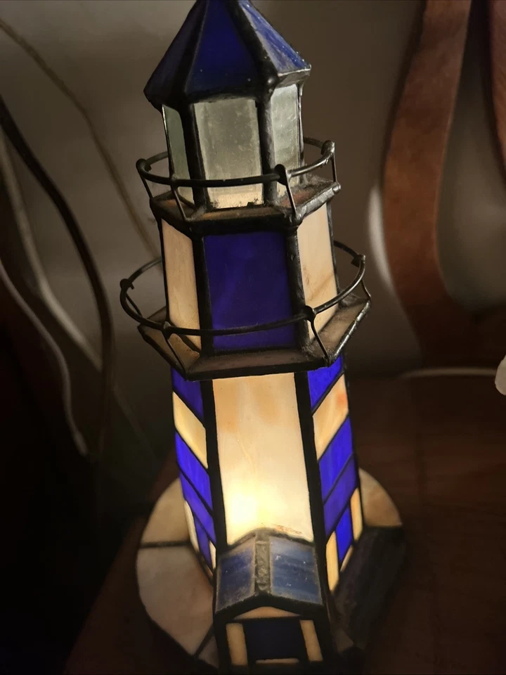 Stained Glass Lighthouse Lamp Cobalt Blue & White Tiffany-Style 9.5" X 5" - Image 2 of 4