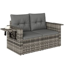 Outsunny Rattan Garden Sofa with Hidden Side Trays 2 Seater, Dark Grey