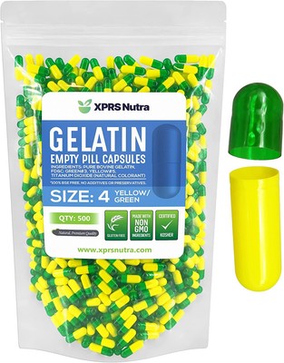 Size 4 Green & Yellow Empty Gelatin Pill Capsules Kosher Gluten-Free Caps Gelcap