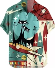 Shirt Size 2xl Hawaiian 50’s Cat Shirt Space Button Down Bowling New