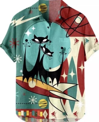 Shirt Size 2xl Hawaiian 50 s Cat Shirt Space Button Down Bowling New