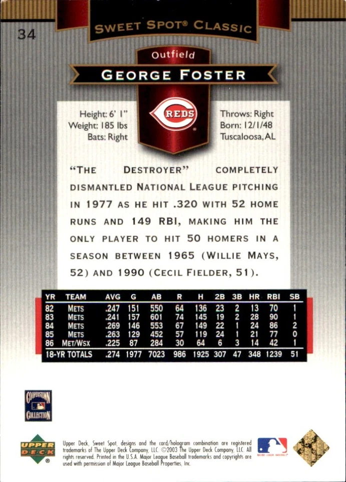 2003 Upper Deck Sweet Spot Classics #34 George Foster CINCINNATI REDS - Image 2 of 2