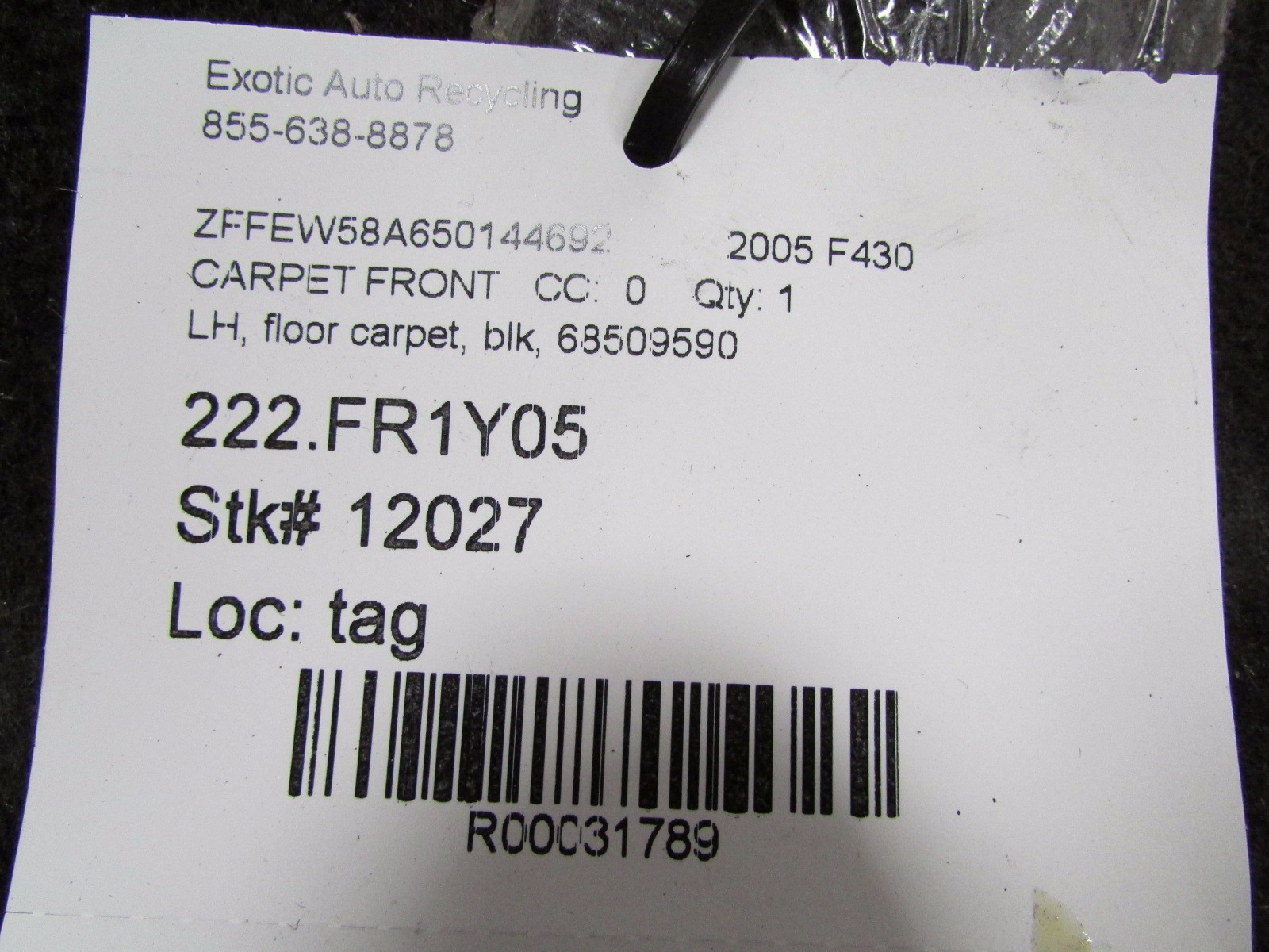Ferrari F430, LH, Left Front Floor Carpet, Black, Used P/N 68509590