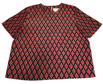 Kathy Che Womens Blouse Size 3X Red Blue Gold Short Sleeve Back Buttons