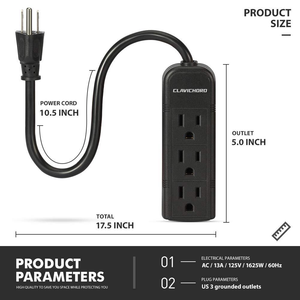 Power Strip with Flat Plug - 3 Ground Outlets 7 Inch Heavy Duty Braided Exten...
