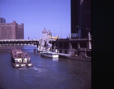 Chicago River Boat Barge Bridge Buildings 1971 Vintage Color Slide