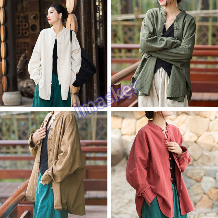 Vintage Linen Blouse Women Long Sleeve Loose Fit Chinese Style Buckle Top