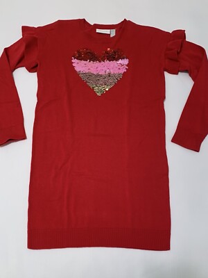 Sweater dress girls 10/12 large red with sequined heart (T1226A) Long Sleeves
