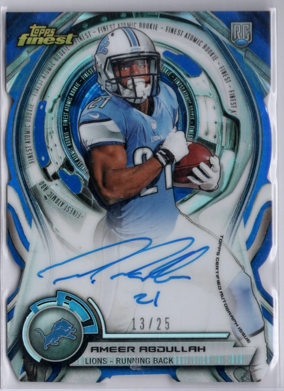 Ameer Abdullah Finest Atomic Rookie Die-Cut Autographs #13 Blue Refractor