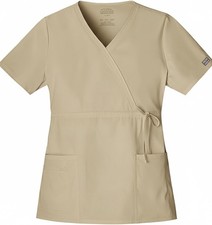 Cherokee Workwear Core Stretch Women's V-Neck Scrub Top Mock Wrap, XS Khaki 4748