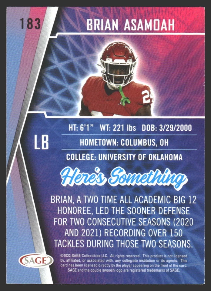 Brian Asamoah #183 2022 SAGE Oklahoma Sooners - Image 2 of 2