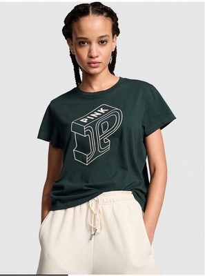 VS Pink Deep Forest P Block Green Dreamer Crop Tee Shirt Ecru P Logo XL