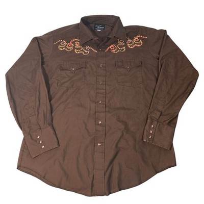 Vtg 70s Champion Westerns Pearl Snap Shirt Brown Snake Embroidery Rockabilly L