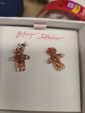 Betsey Johnson Christmas Gingerbread Man Woman Stud Earrings Sparkle Glitter NEW