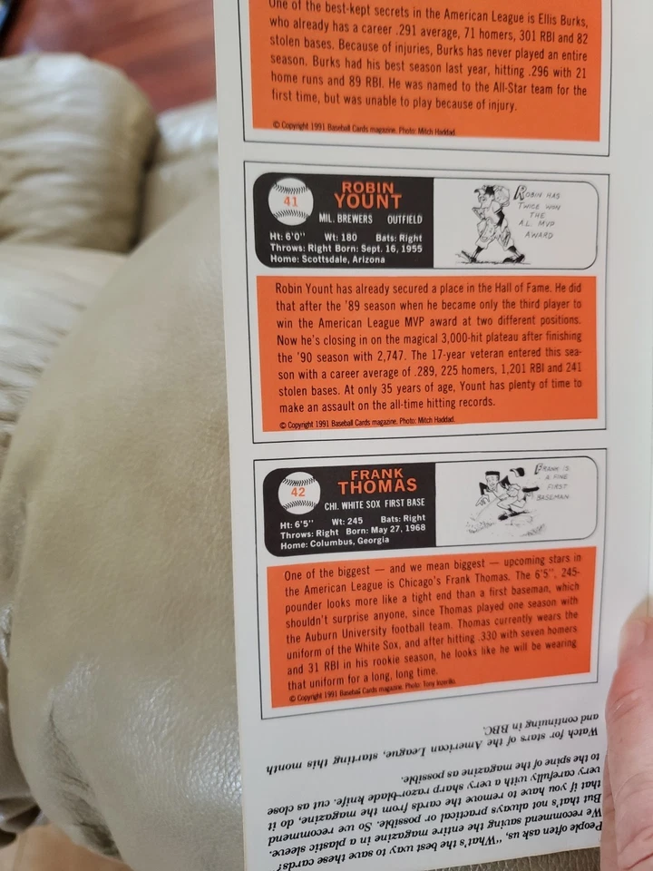 REVISTA DE TARJETAS DE BÉISBOL 1991 HOJAS SIN CORTAR con YOUNT, Clemens, Griffy Jr., Thomas Foto 4 de 4
