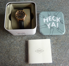 Image of Fossil Ladies Watch BQ3442 Black Face 'Gold' Detailing Black Leather Strap BNIB