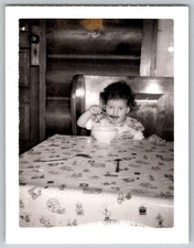 Vtg B&W Snapshot Cute Little Girl Mala Ellen Eating Cereal Soup Bowl Table 1962