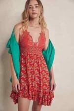 Free People FP One Adella Printed Mini Slip Dress Lace Ruffle Summer Smocked S