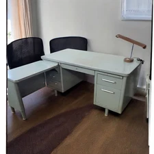 Vintage Mid Century Green Steelcase Tanker Desk With Extension L-Shaped