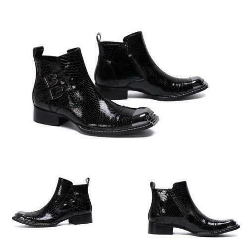 Mens Leather Chelsea Boots Metal Snakeskin Pattern Cocktail Chukka Buckle Shoes - Image 2 of 4