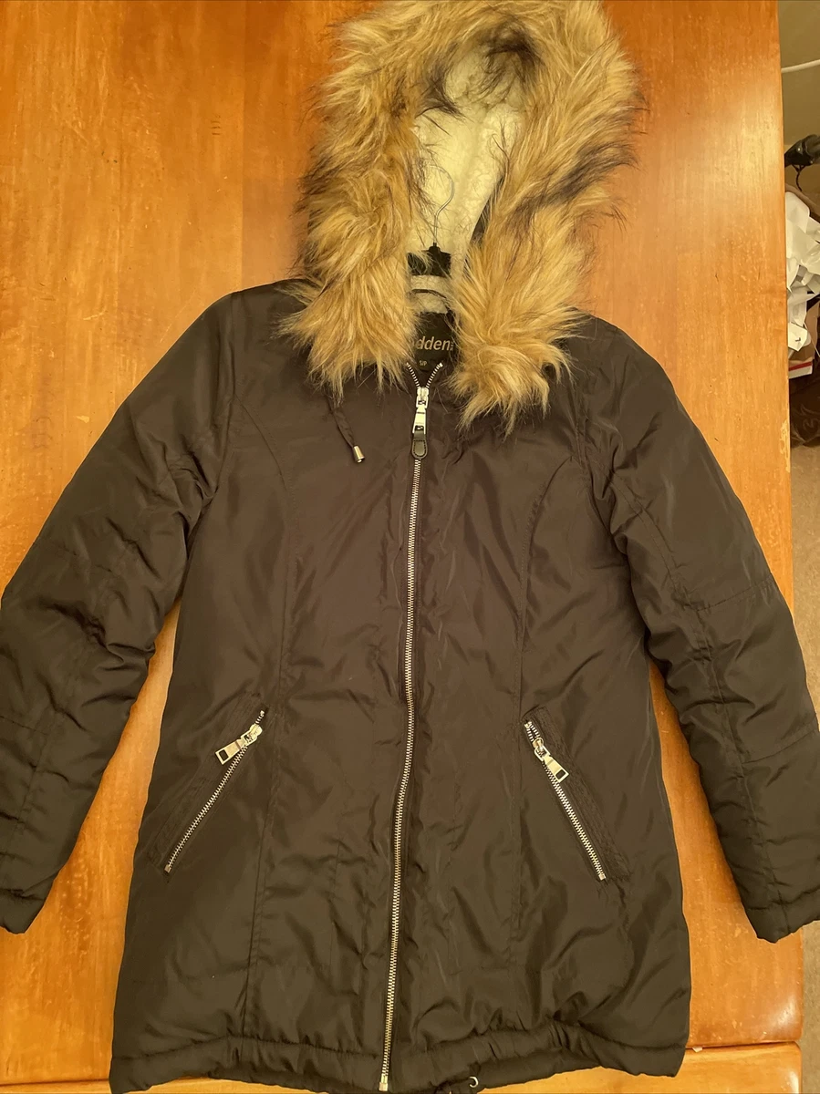 Madden NYC Black Long Puffer Hooded Ciat Jacket Faux Fur Trim hood