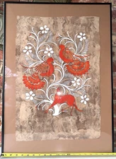 1980 Watercolor on FIG LEAF Print Birds Flowers 28" Mexico SIGNED