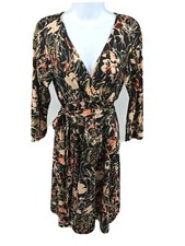 Leona Edmiston Womens Green Floral Wrap Dress Size 4 US 6 AU Tie Belted V Neck