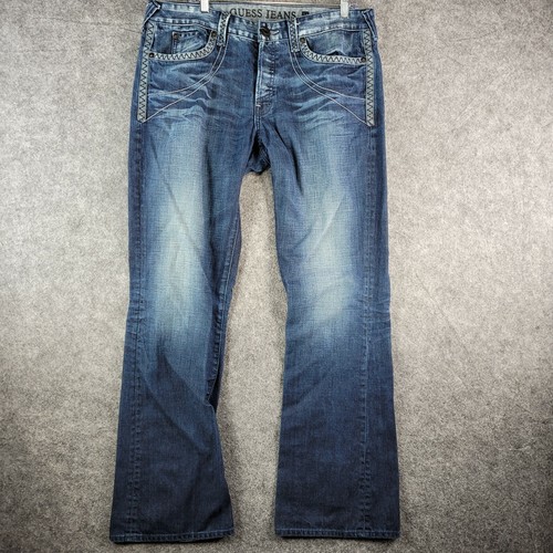 Guess Jeans Mens 36X33 Blue Denim Medium Falcon Slim Boot Button Fly Low  Rise | eBay